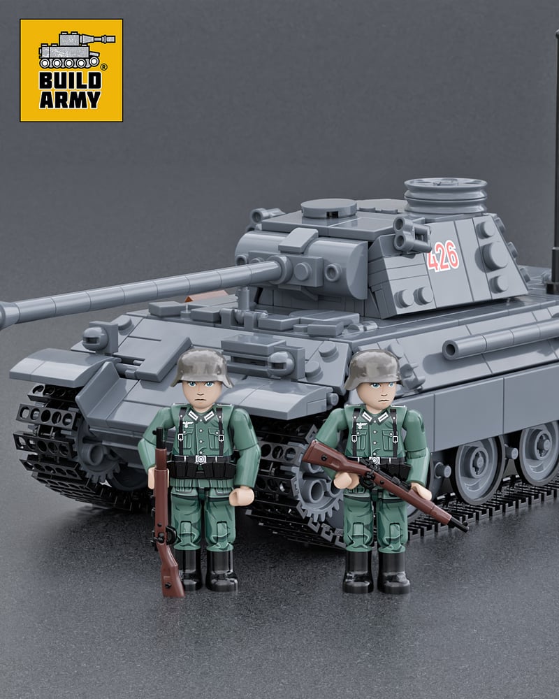 A brick model of WW2 German Panther Ausf.D tank with 2 standing Buildarmy WW2 German Infantry Rifleman minifigures