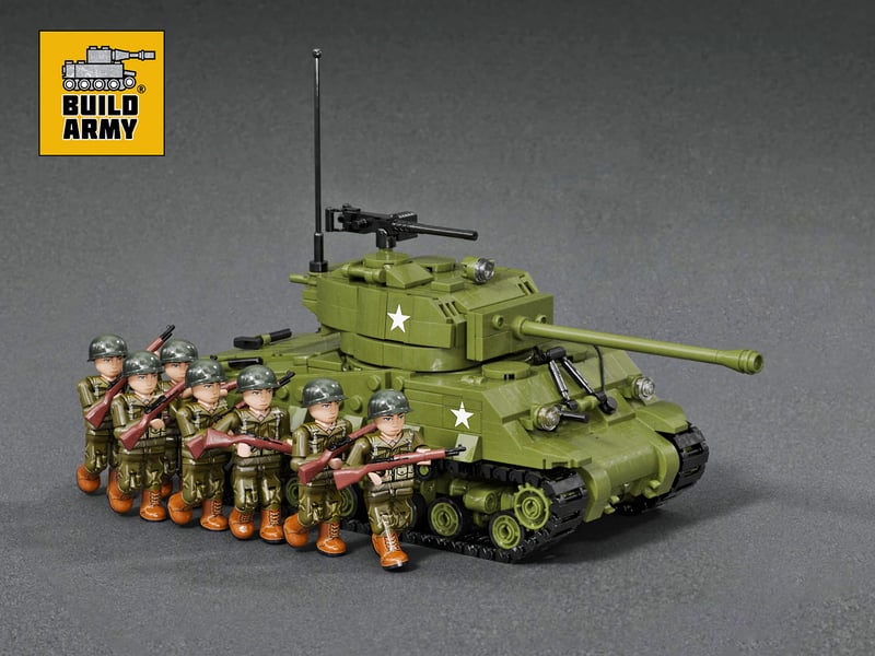 Buildarmy 1:33 WW2 American infantry minifigures taking cover behind an Easy 8 tank.