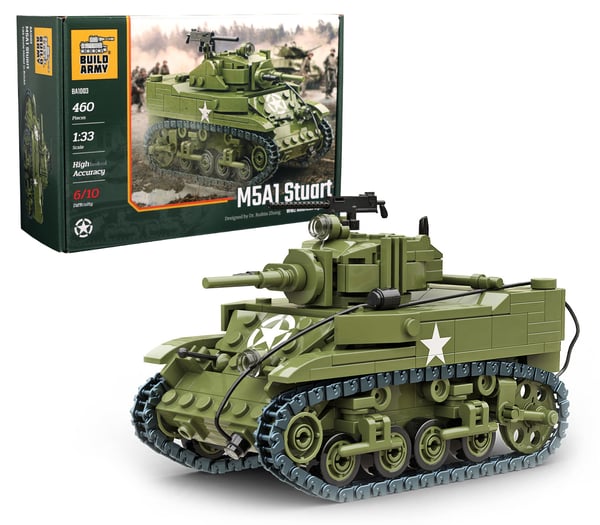 Buildarmy WW2 USA M5A1 Stuart Light Tank Brick Model Building Block, LEGO Compatible, gift version with box
