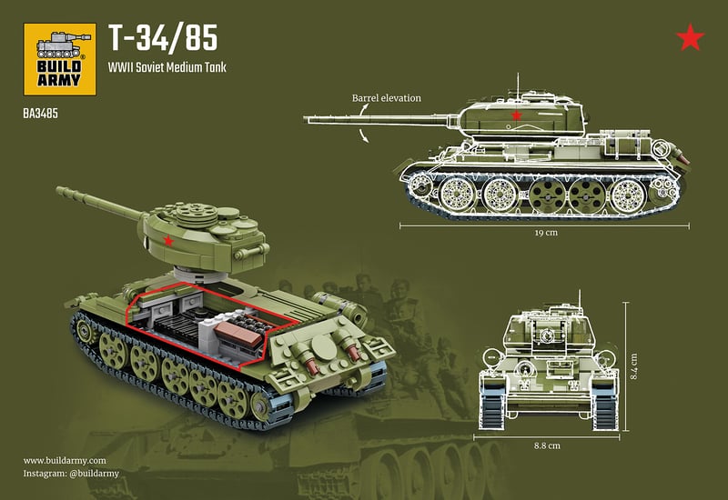 T34/85 tank designed in LDD and made of Lego compatible bricks.