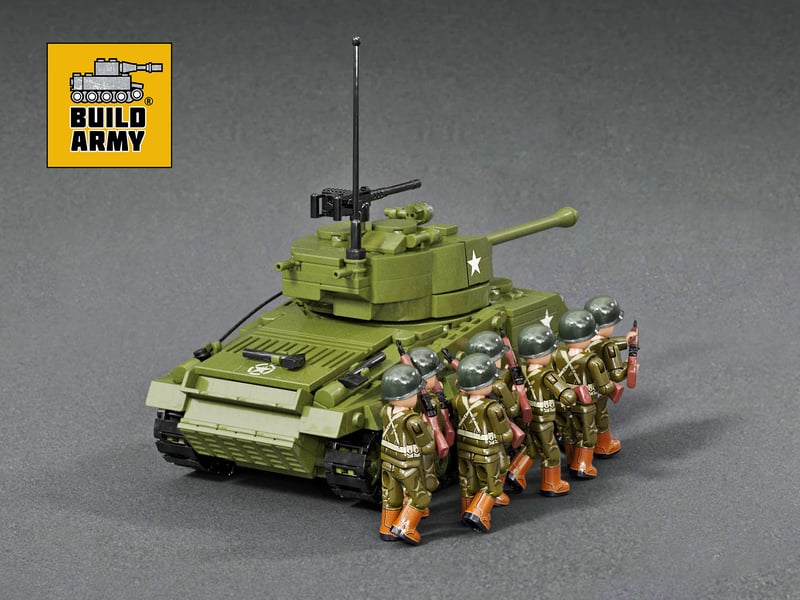 Buildarmy 1:33 WW2 American infantry minifigures taking cover behind an Easy 8 tank.