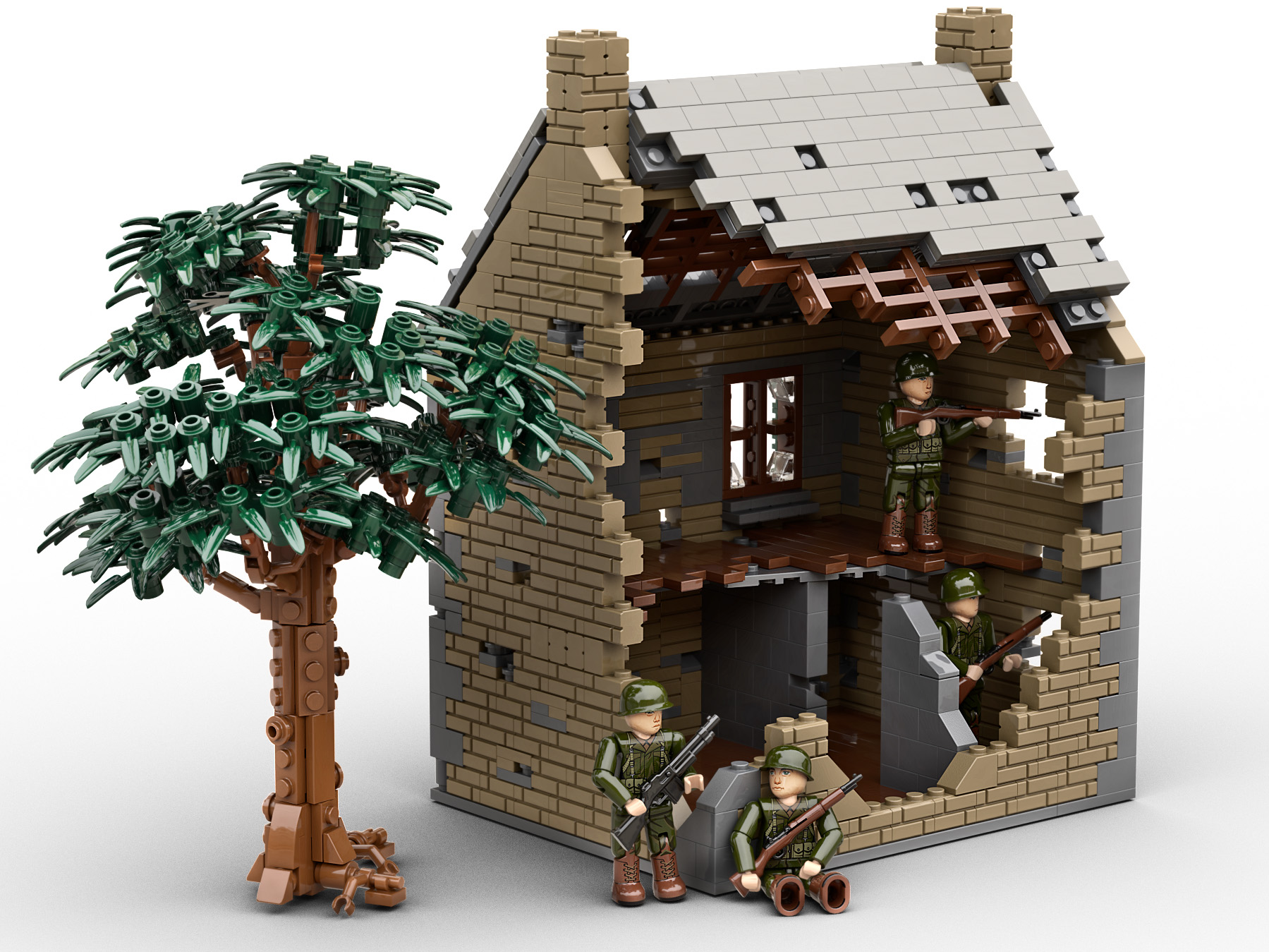 WWII Normandy Battle-Damaged French House with US Infantry Squad - Image 3