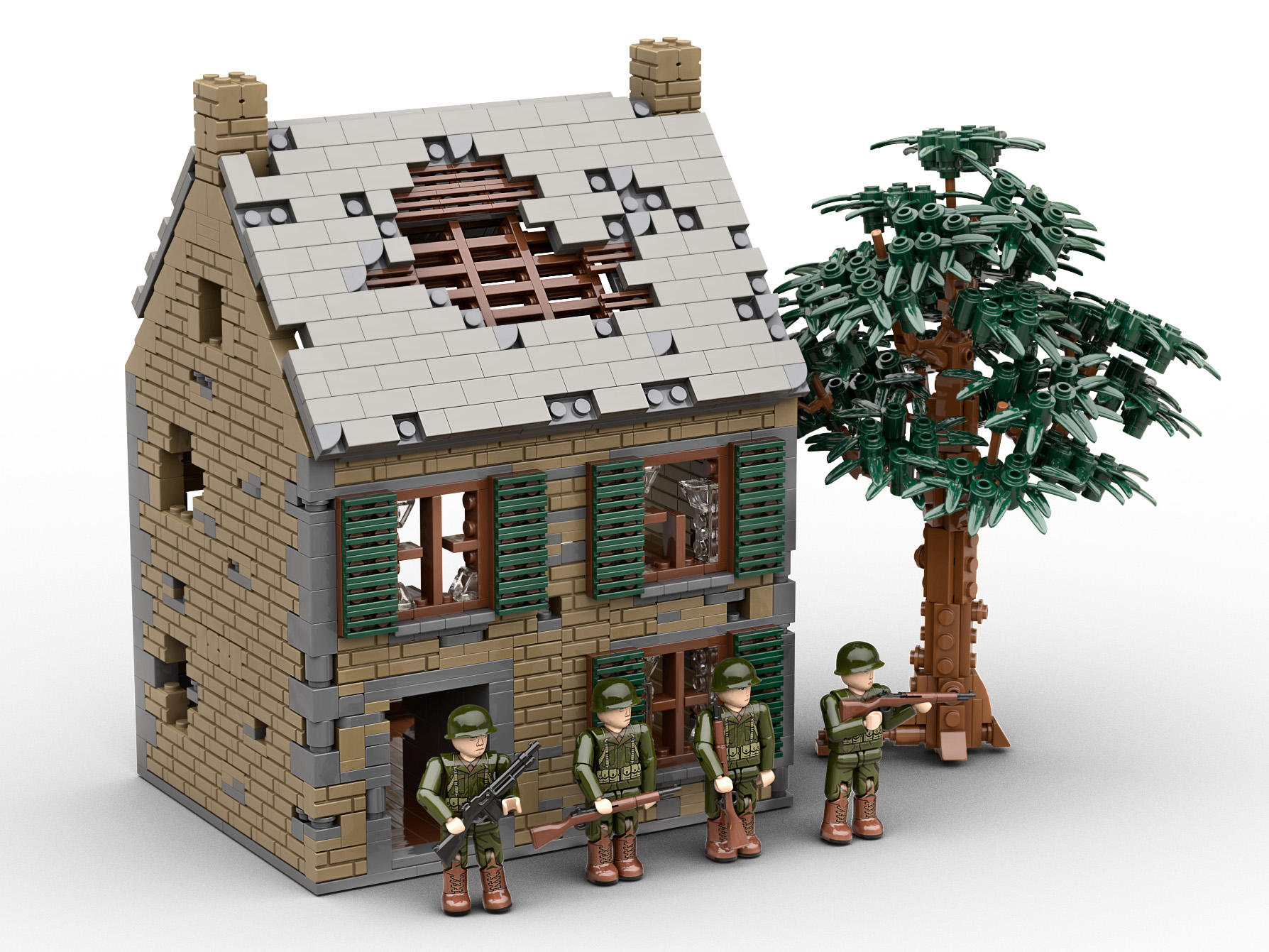WWII Normandy Battle-Damaged French House with US Infantry Squad