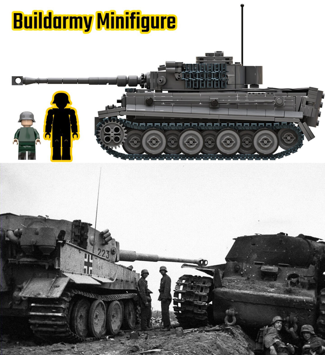 Size comparison between Buildarmy, LEGO minifigures and 1:33 Tiger 1 tank